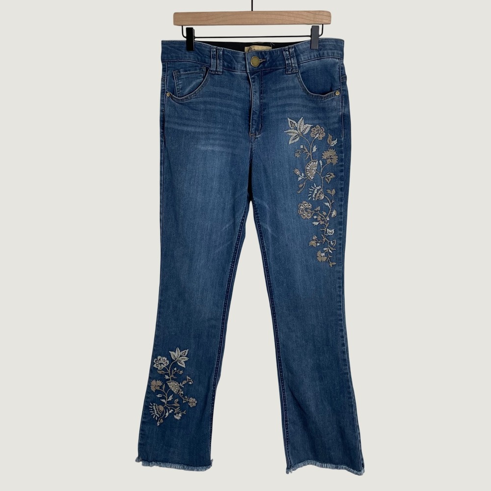 Democracy Bootcut Jeans Women 12 Blue Floral Embroidered Raw Hem Ab Tech Boho